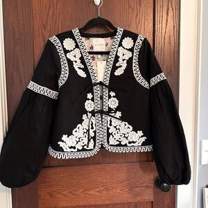 Avec Les Filles Black Jacket with White Embroidery and Pink Floral Lining